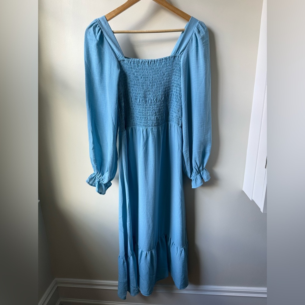 MAX Cottagecore Smocked Midi‎ Dress Prairie Coquette Ruffle Feminine Blue 4